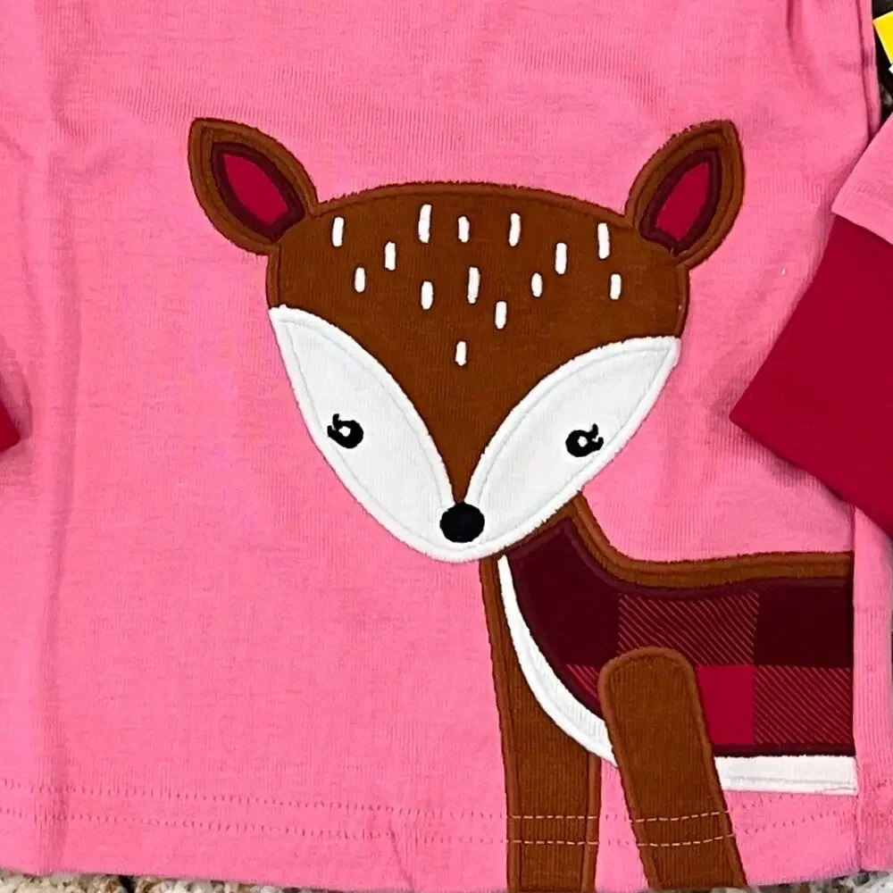 NWT Gymboree Girls Pink & Plaid W/ Embroidered Deer Cotton Pajamas -